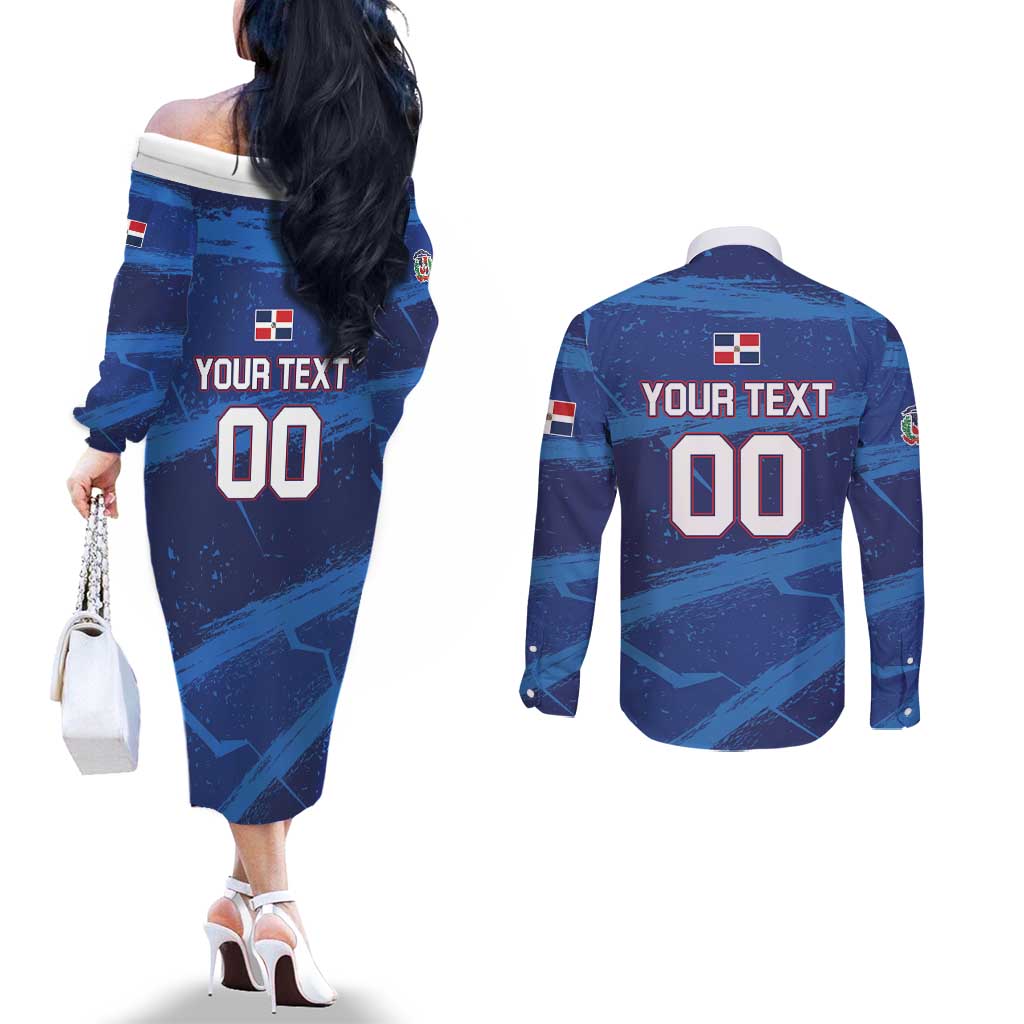 Custom Dominican Republic Basketball Couples Matching Off The Shoulder Long Sleeve Dress and Long Sleeve Button Shirt Enjoy The Game