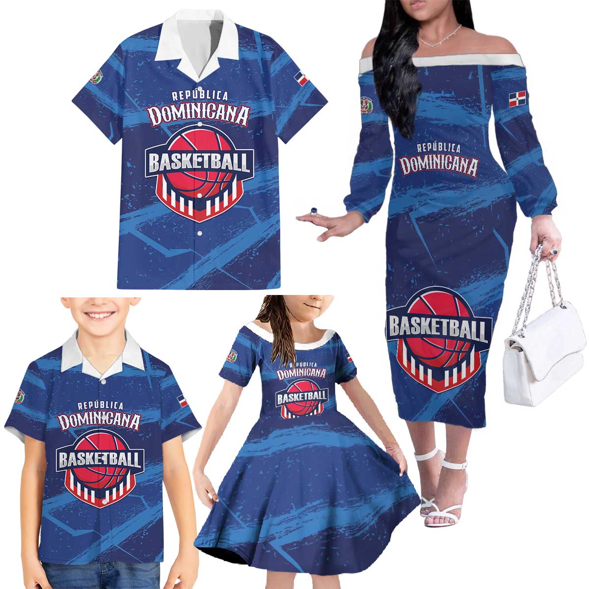 Custom Dominican Republic Basketball Family Matching Off The Shoulder Long Sleeve Dress and Hawaiian Shirt Enjoy The Game