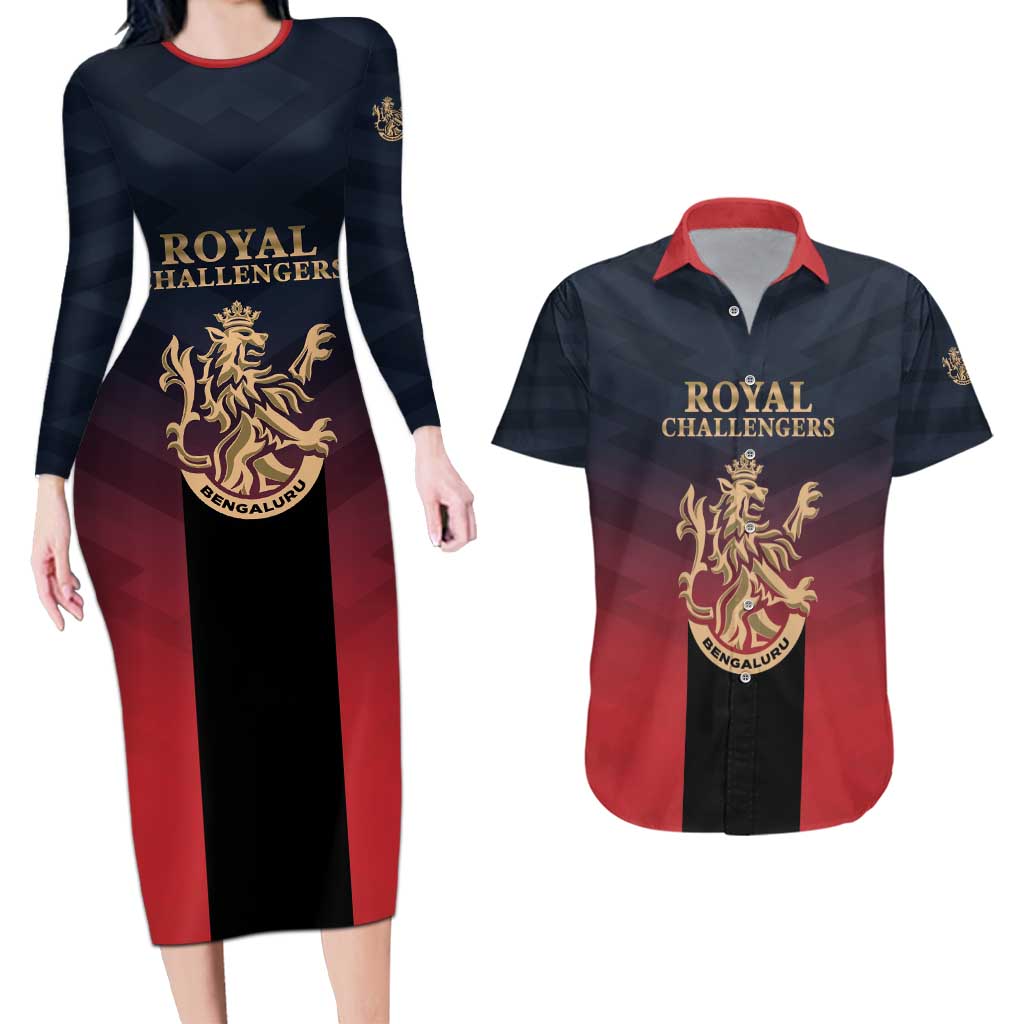 Custom Bengaluru 2025 Cricket Royal Challengers Couples Matching Long Sleeve Bodycon Dress and Hawaiian Shirt Lions Play Bold