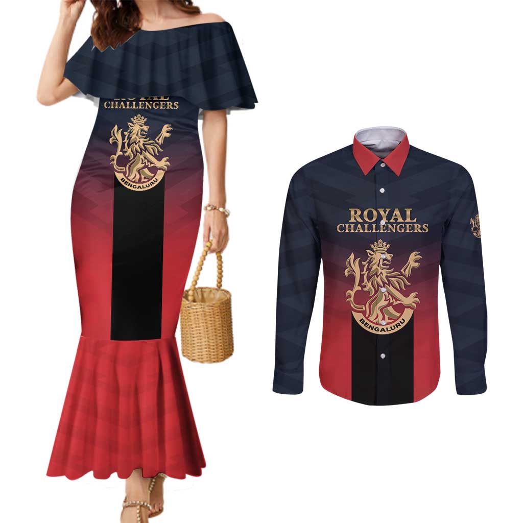 Custom Bengaluru 2025 Cricket Royal Challengers Couples Matching Mermaid Dress and Long Sleeve Button Shirt Lions Play Bold