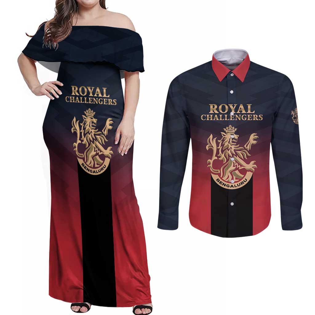 Custom Bengaluru 2025 Cricket Royal Challengers Couples Matching Off Shoulder Maxi Dress and Long Sleeve Button Shirt Lions Play Bold