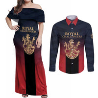 Custom Bengaluru 2025 Cricket Royal Challengers Couples Matching Off Shoulder Maxi Dress and Long Sleeve Button Shirt Lions Play Bold