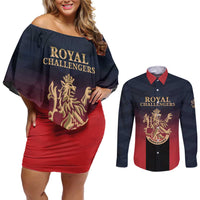 Custom Bengaluru 2025 Cricket Royal Challengers Couples Matching Off Shoulder Short Dress and Long Sleeve Button Shirt Lions Play Bold