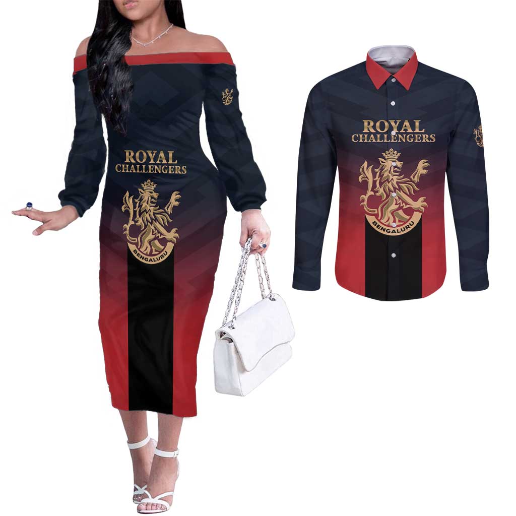 Custom Bengaluru 2025 Cricket Royal Challengers Couples Matching Off The Shoulder Long Sleeve Dress and Long Sleeve Button Shirt Lions Play Bold