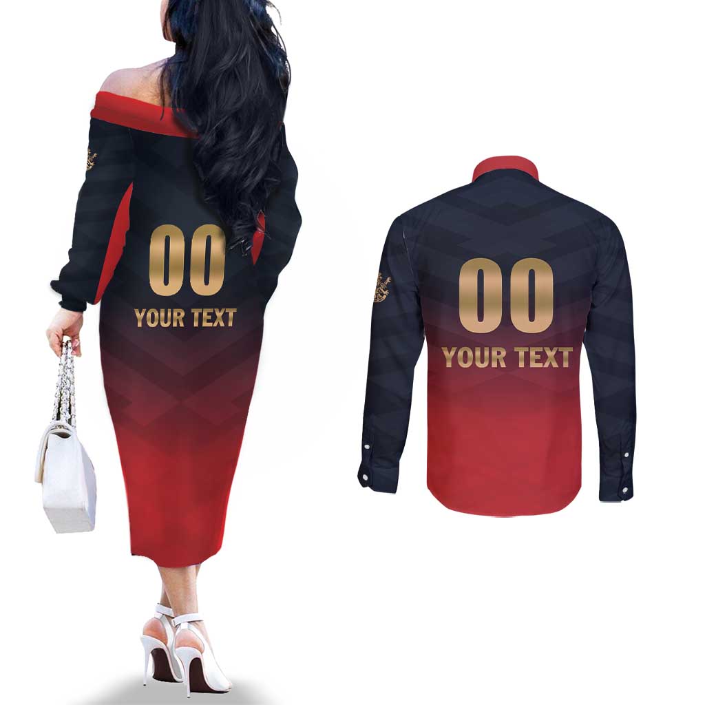 Custom Bengaluru 2025 Cricket Royal Challengers Couples Matching Off The Shoulder Long Sleeve Dress and Long Sleeve Button Shirt Lions Play Bold