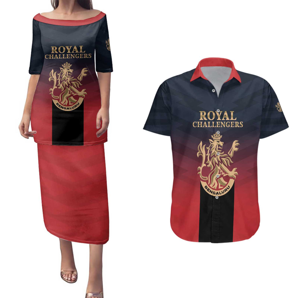 Custom Bengaluru 2025 Cricket Royal Challengers Couples Matching Puletasi and Hawaiian Shirt Lions Play Bold