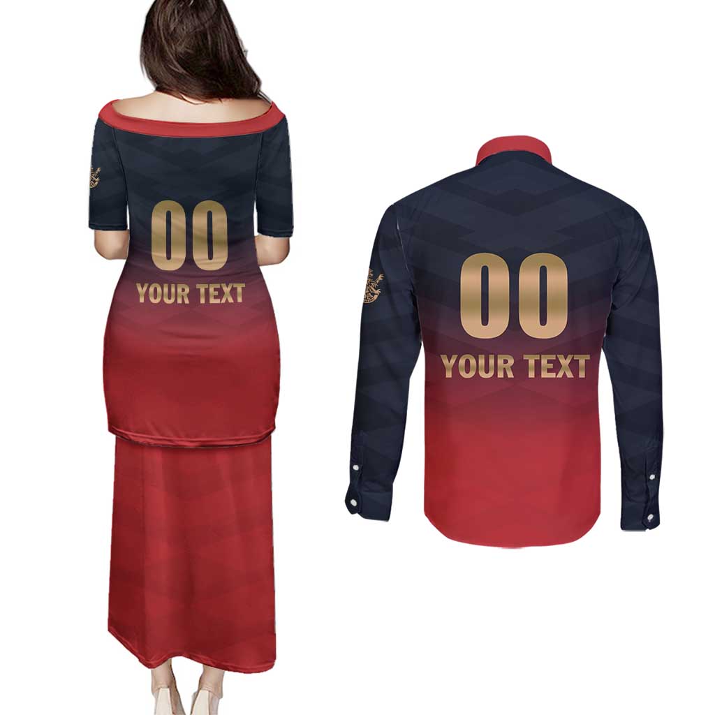 Custom Bengaluru 2025 Cricket Royal Challengers Couples Matching Puletasi and Long Sleeve Button Shirt Lions Play Bold