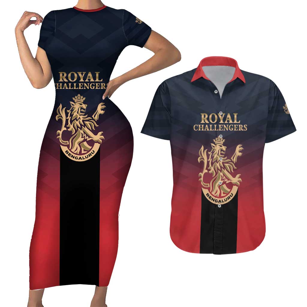 Custom Bengaluru 2025 Cricket Royal Challengers Couples Matching Short Sleeve Bodycon Dress and Hawaiian Shirt Lions Play Bold