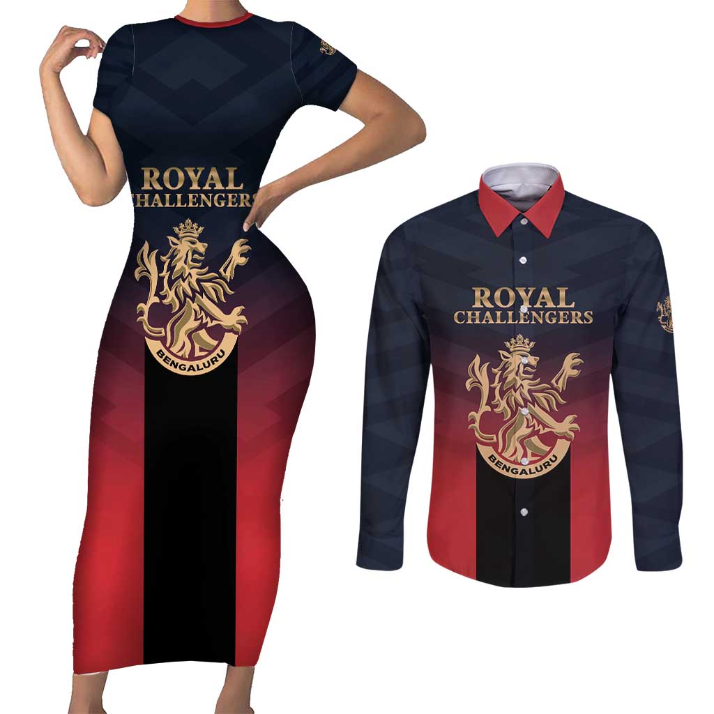 Custom Bengaluru 2025 Cricket Royal Challengers Couples Matching Short Sleeve Bodycon Dress and Long Sleeve Button Shirt Lions Play Bold