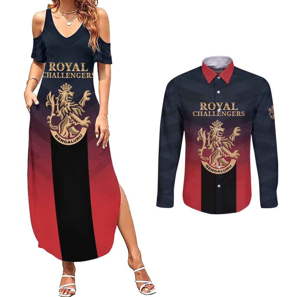 Custom Bengaluru 2025 Cricket Royal Challengers Couples Matching Summer Maxi Dress and Long Sleeve Button Shirt Lions Play Bold