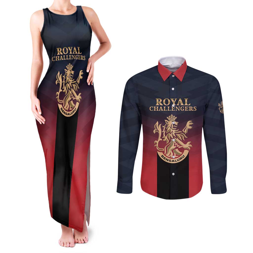 Custom Bengaluru 2025 Cricket Royal Challengers Couples Matching Tank Maxi Dress and Long Sleeve Button Shirt Lions Play Bold