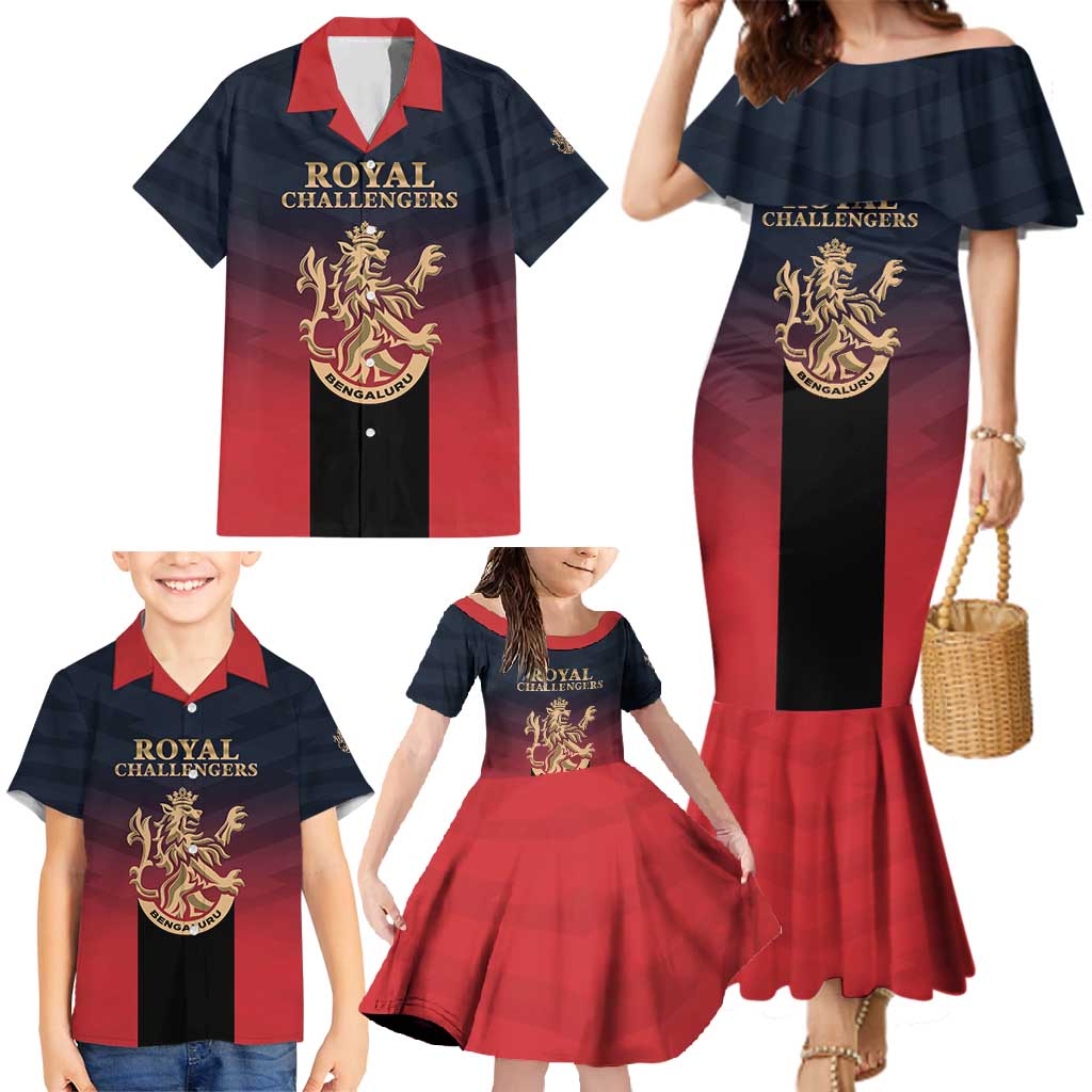Custom Bengaluru 2025 Cricket Royal Challengers Family Matching Mermaid Dress and Hawaiian Shirt Lions Play Bold