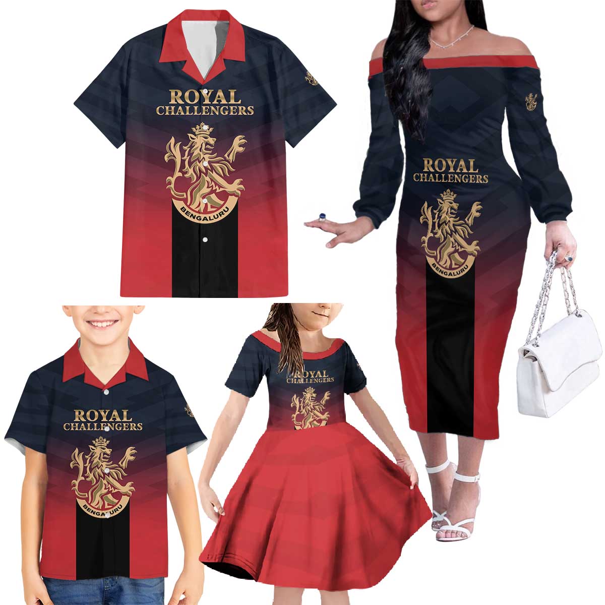 Custom Bengaluru 2025 Cricket Royal Challengers Family Matching Off The Shoulder Long Sleeve Dress and Hawaiian Shirt Lions Play Bold