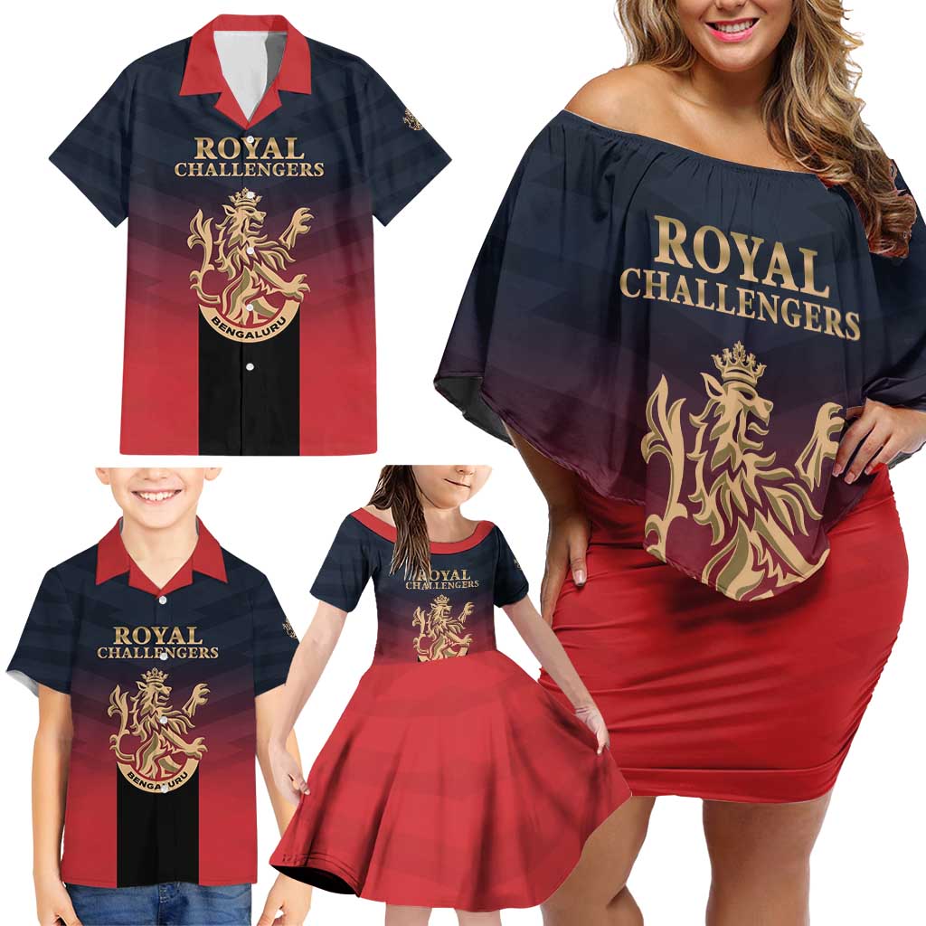 Custom Bengaluru 2025 Cricket Royal Challengers Family Matching Off Shoulder Short Dress and Hawaiian Shirt Lions Play Bold