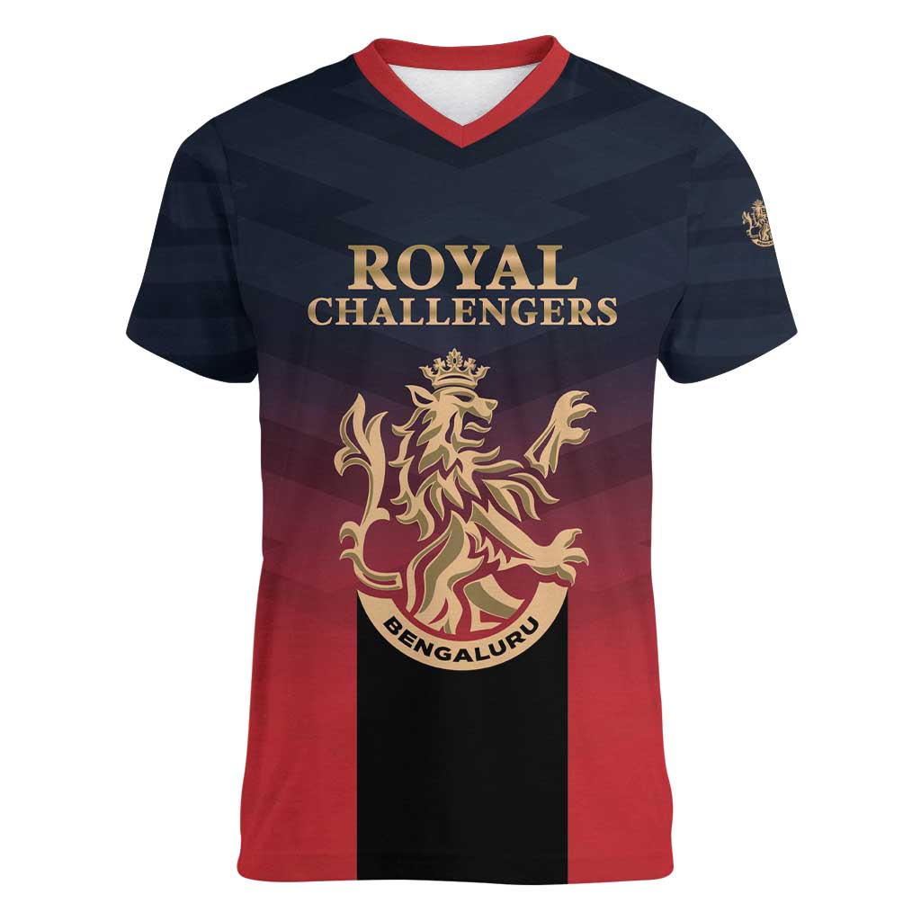 Custom Bengaluru 2025 Cricket Royal Challengers Women V-Neck T-Shirt Lions Play Bold