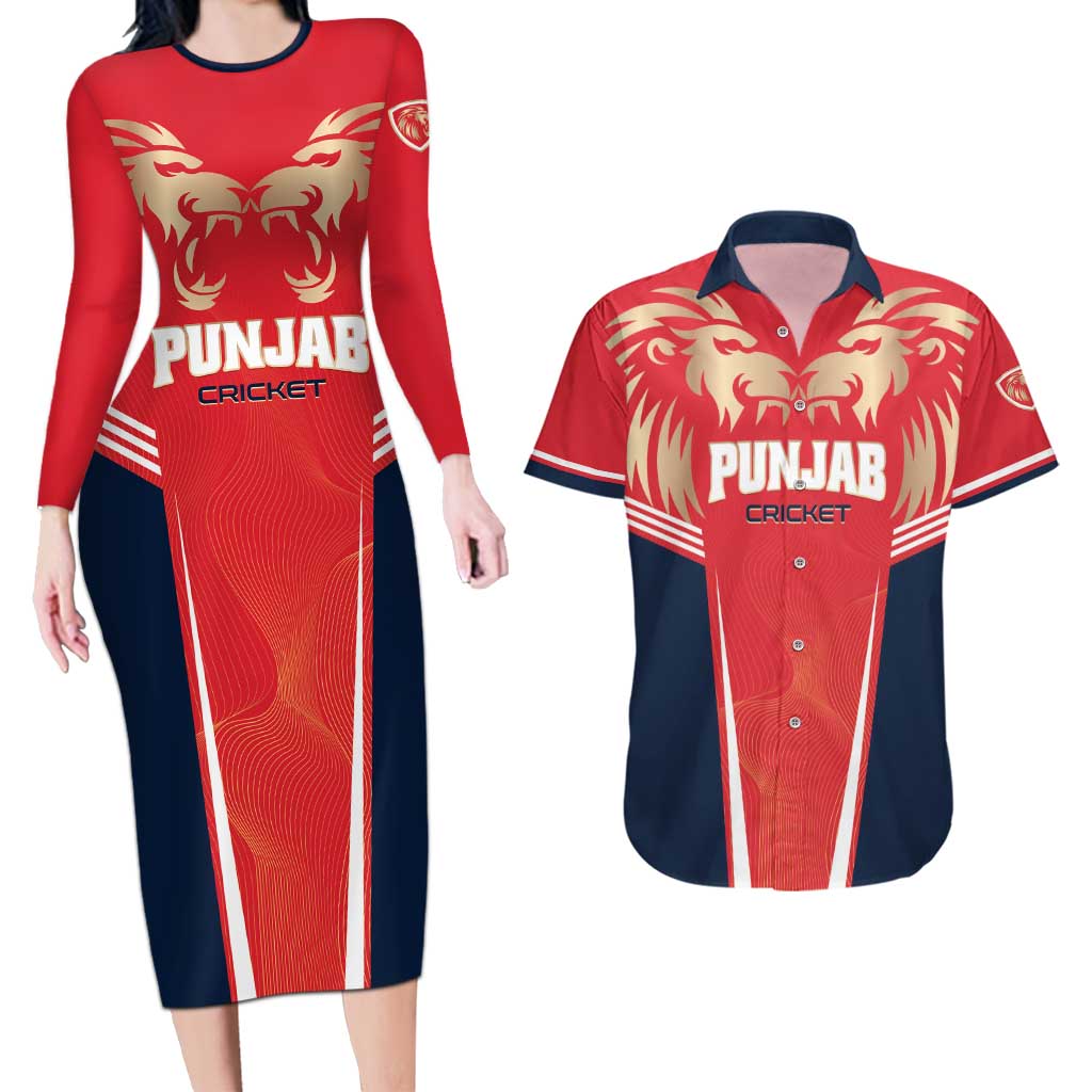 Custom Punjab 2025 Cricket Lion Kings Couples Matching Long Sleeve Bodycon Dress and Hawaiian Shirt Jazba Hai Punjabi