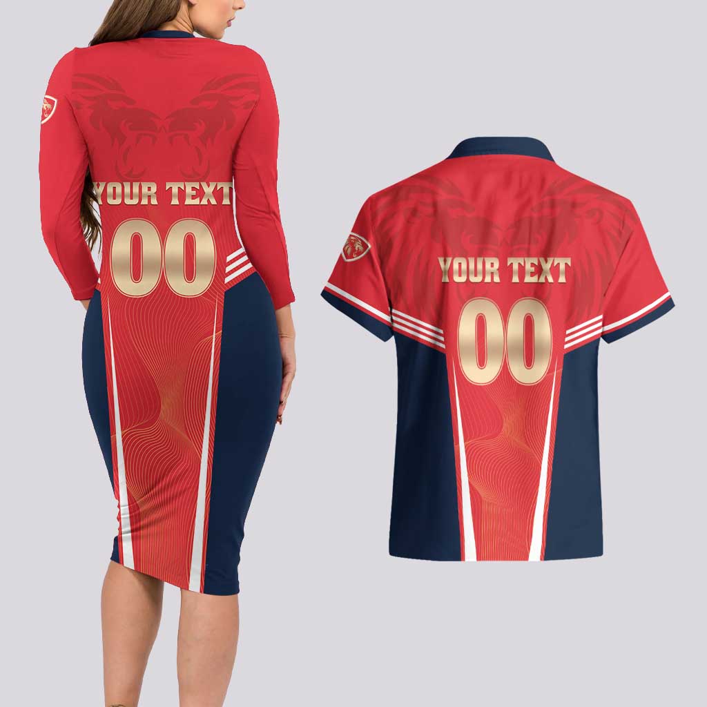 Custom Punjab 2025 Cricket Lion Kings Couples Matching Long Sleeve Bodycon Dress and Hawaiian Shirt Jazba Hai Punjabi