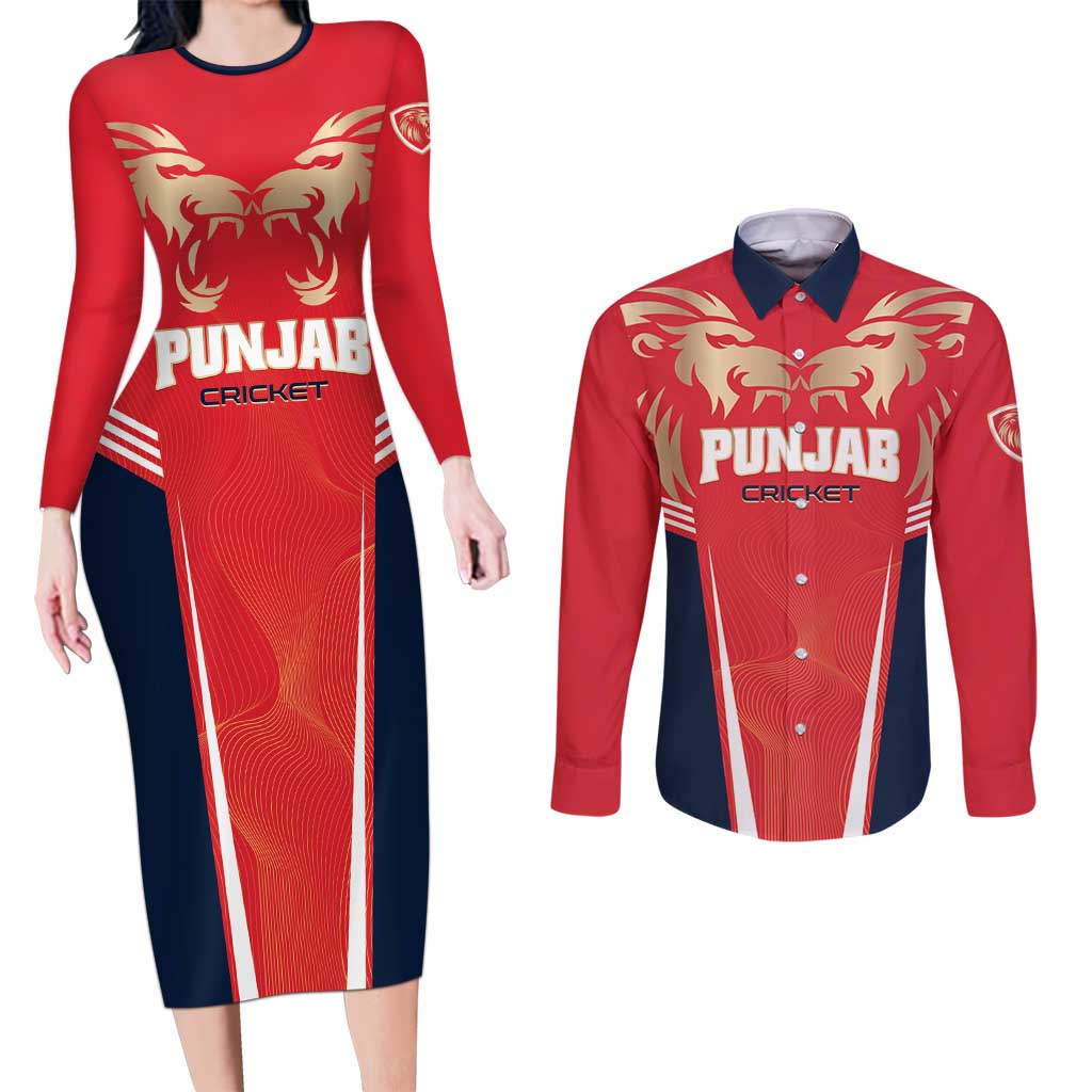 Custom Punjab 2025 Cricket Lion Kings Couples Matching Long Sleeve Bodycon Dress and Long Sleeve Button Shirt Jazba Hai Punjabi