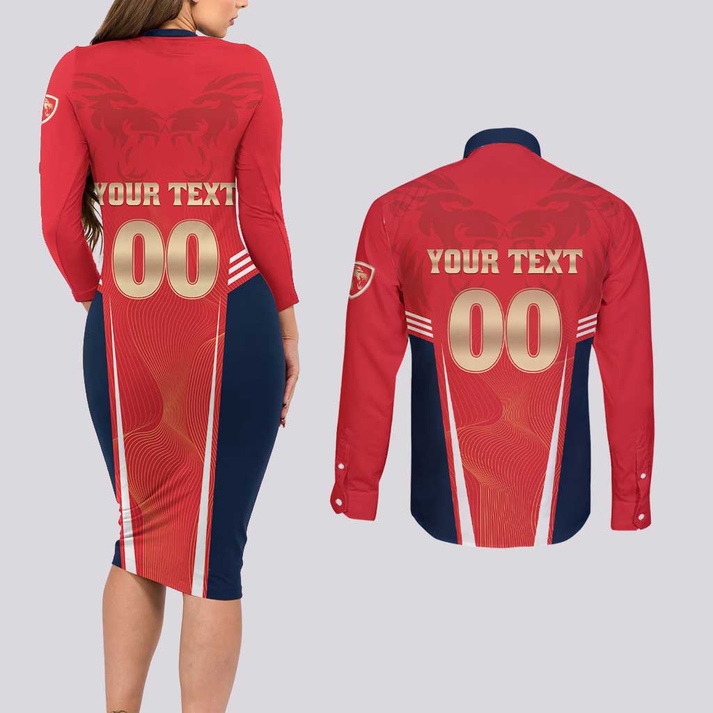 Custom Punjab 2025 Cricket Lion Kings Couples Matching Long Sleeve Bodycon Dress and Long Sleeve Button Shirt Jazba Hai Punjabi