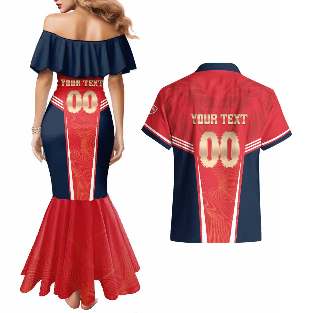 Custom Punjab 2025 Cricket Lion Kings Couples Matching Mermaid Dress and Hawaiian Shirt Jazba Hai Punjabi