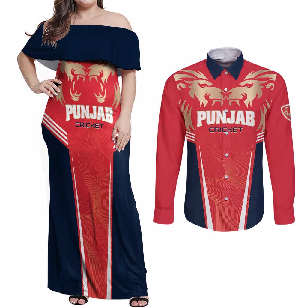 Custom Punjab 2025 Cricket Lion Kings Couples Matching Off Shoulder Maxi Dress and Long Sleeve Button Shirt Jazba Hai Punjabi