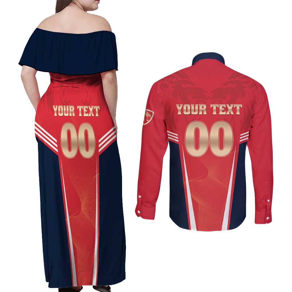 Custom Punjab 2025 Cricket Lion Kings Couples Matching Off Shoulder Maxi Dress and Long Sleeve Button Shirt Jazba Hai Punjabi