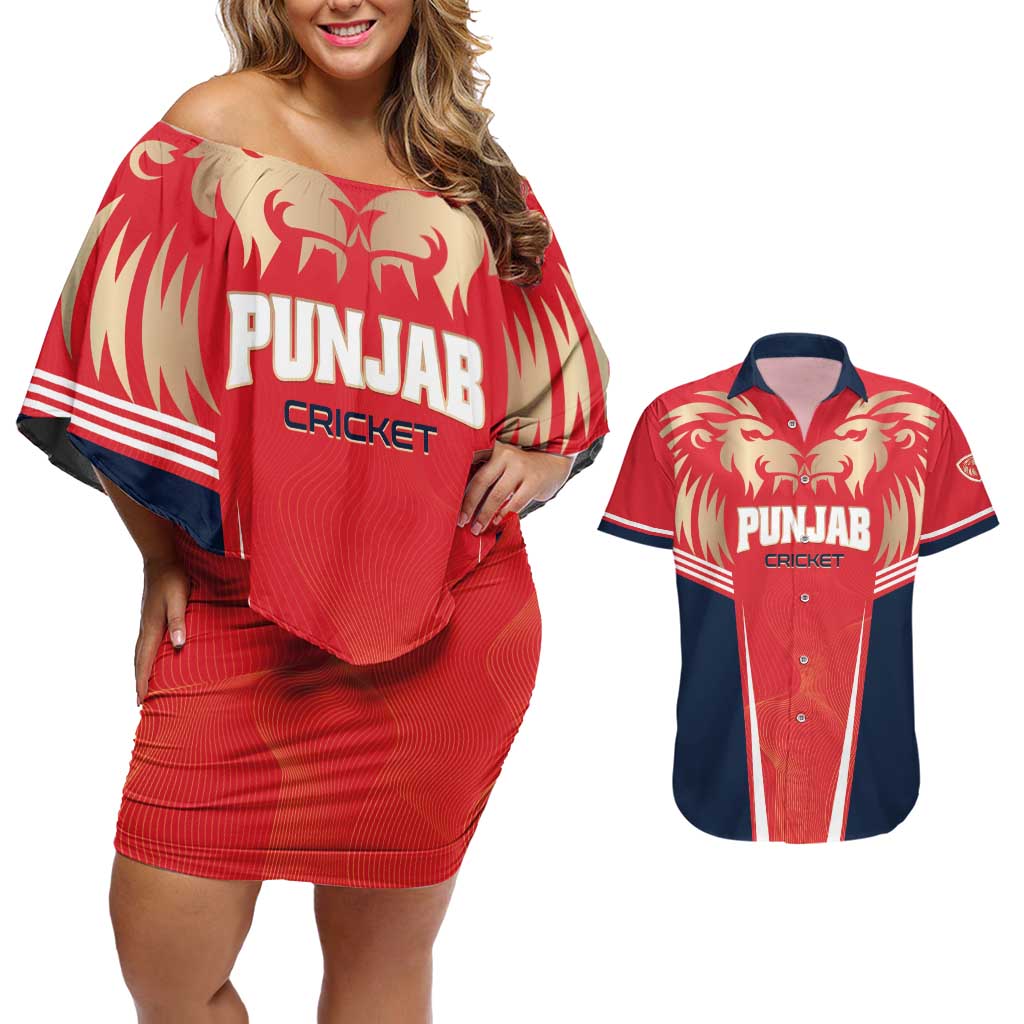 Custom Punjab 2025 Cricket Lion Kings Couples Matching Off Shoulder Short Dress and Hawaiian Shirt Jazba Hai Punjabi