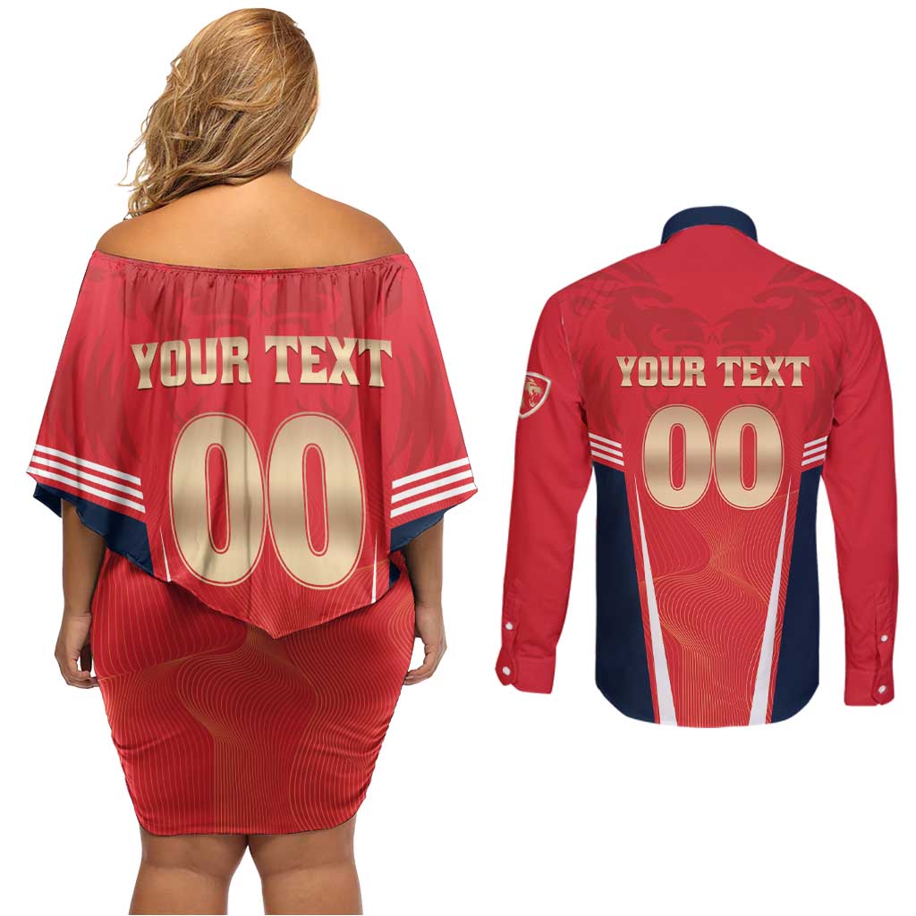 Custom Punjab 2025 Cricket Lion Kings Couples Matching Off Shoulder Short Dress and Long Sleeve Button Shirt Jazba Hai Punjabi