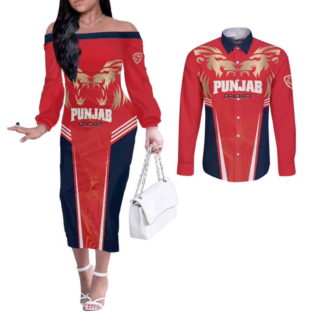 Custom Punjab 2025 Cricket Lion Kings Couples Matching Off The Shoulder Long Sleeve Dress and Long Sleeve Button Shirt Jazba Hai Punjabi