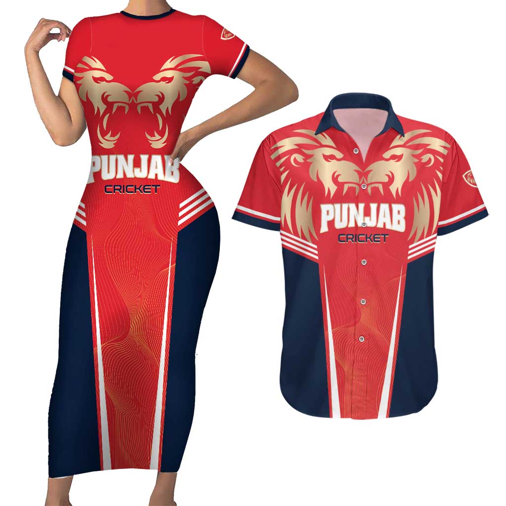 Custom Punjab 2025 Cricket Lion Kings Couples Matching Short Sleeve Bodycon Dress and Hawaiian Shirt Jazba Hai Punjabi