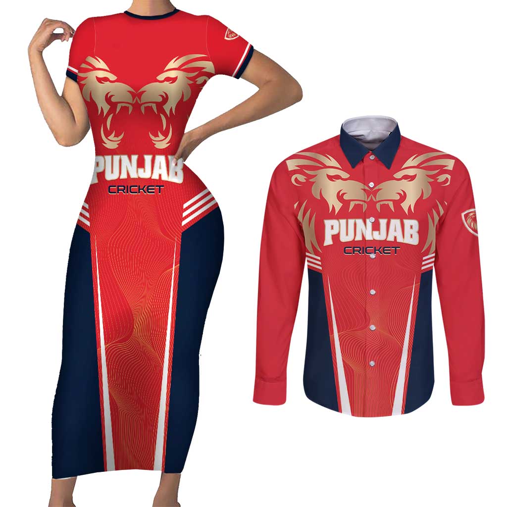Custom Punjab 2025 Cricket Lion Kings Couples Matching Short Sleeve Bodycon Dress and Long Sleeve Button Shirt Jazba Hai Punjabi