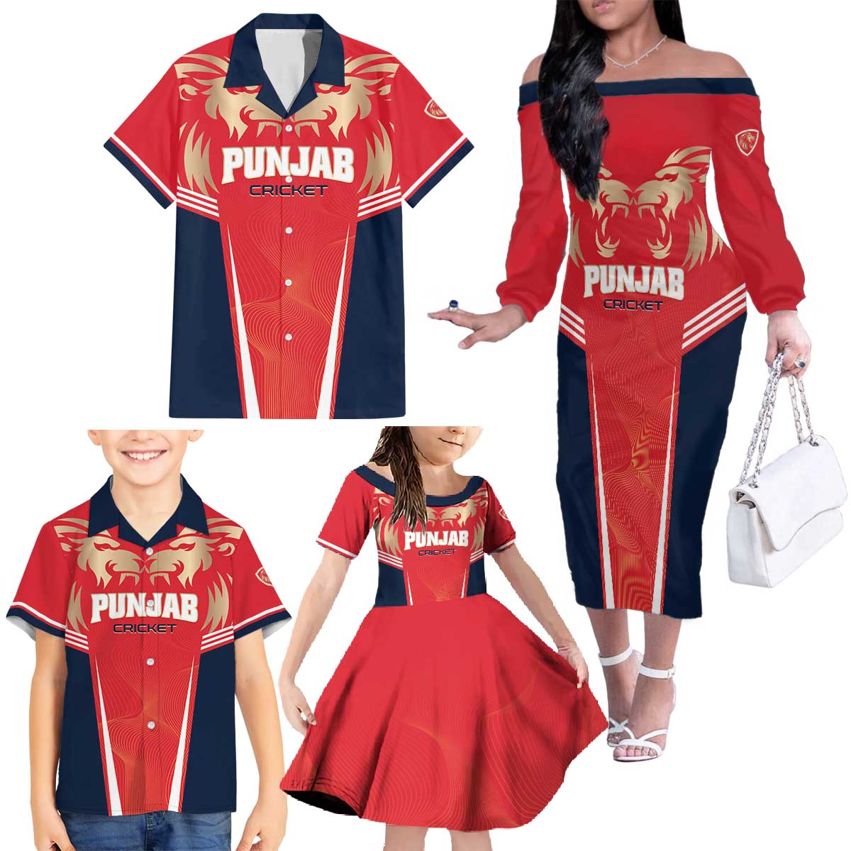 Custom Punjab 2025 Cricket Lion Kings Family Matching Off The Shoulder Long Sleeve Dress and Hawaiian Shirt Jazba Hai Punjabi