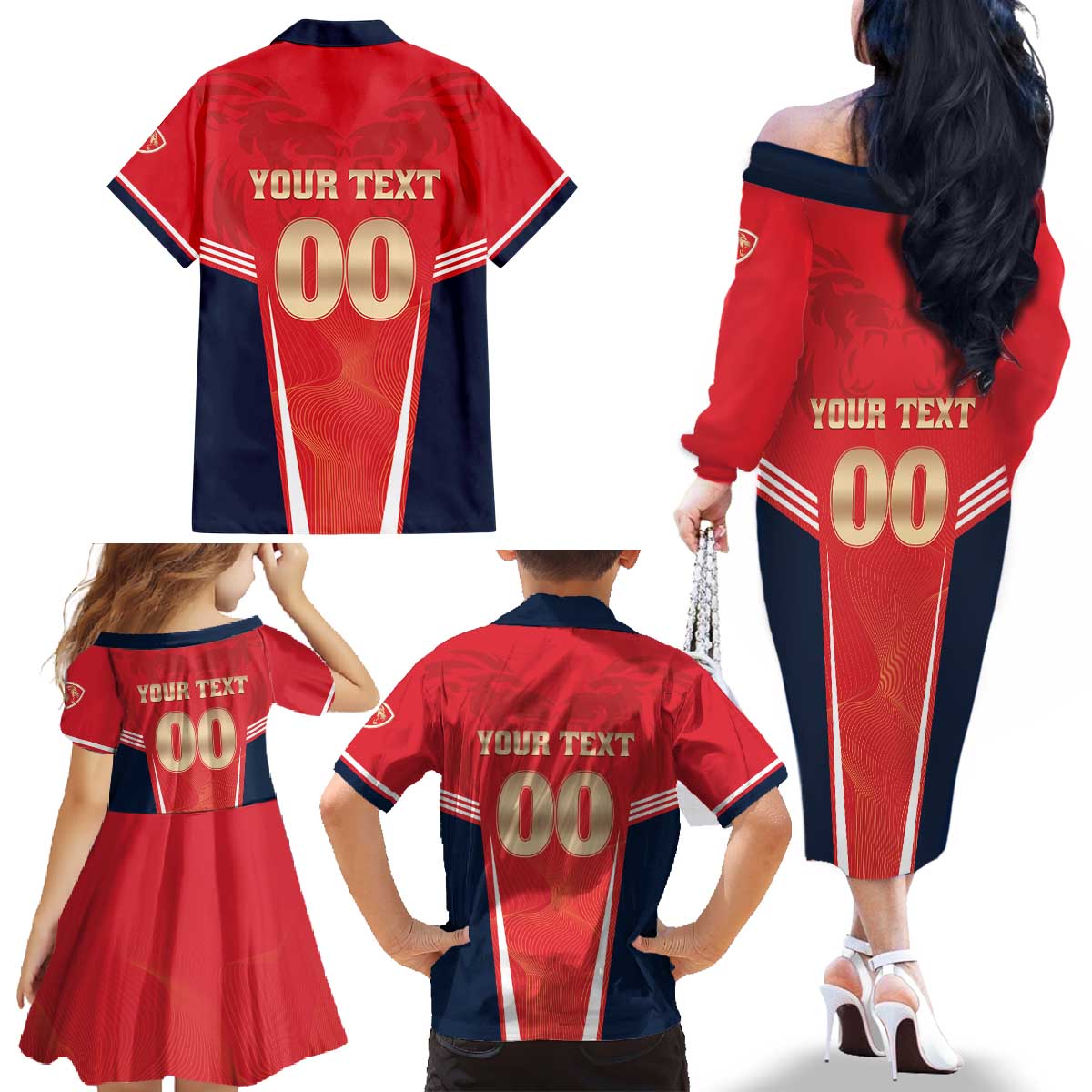 Custom Punjab 2025 Cricket Lion Kings Family Matching Off The Shoulder Long Sleeve Dress and Hawaiian Shirt Jazba Hai Punjabi