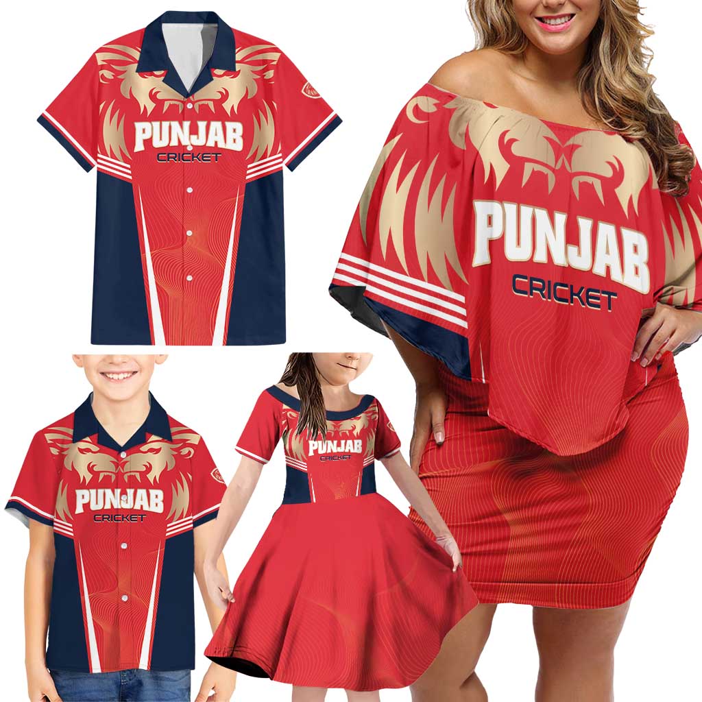 Custom Punjab 2025 Cricket Lion Kings Family Matching Off Shoulder Short Dress and Hawaiian Shirt Jazba Hai Punjabi