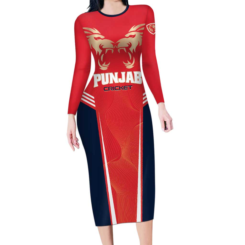 Custom Punjab 2025 Cricket Lion Kings Long Sleeve Bodycon Dress Jazba Hai Punjabi