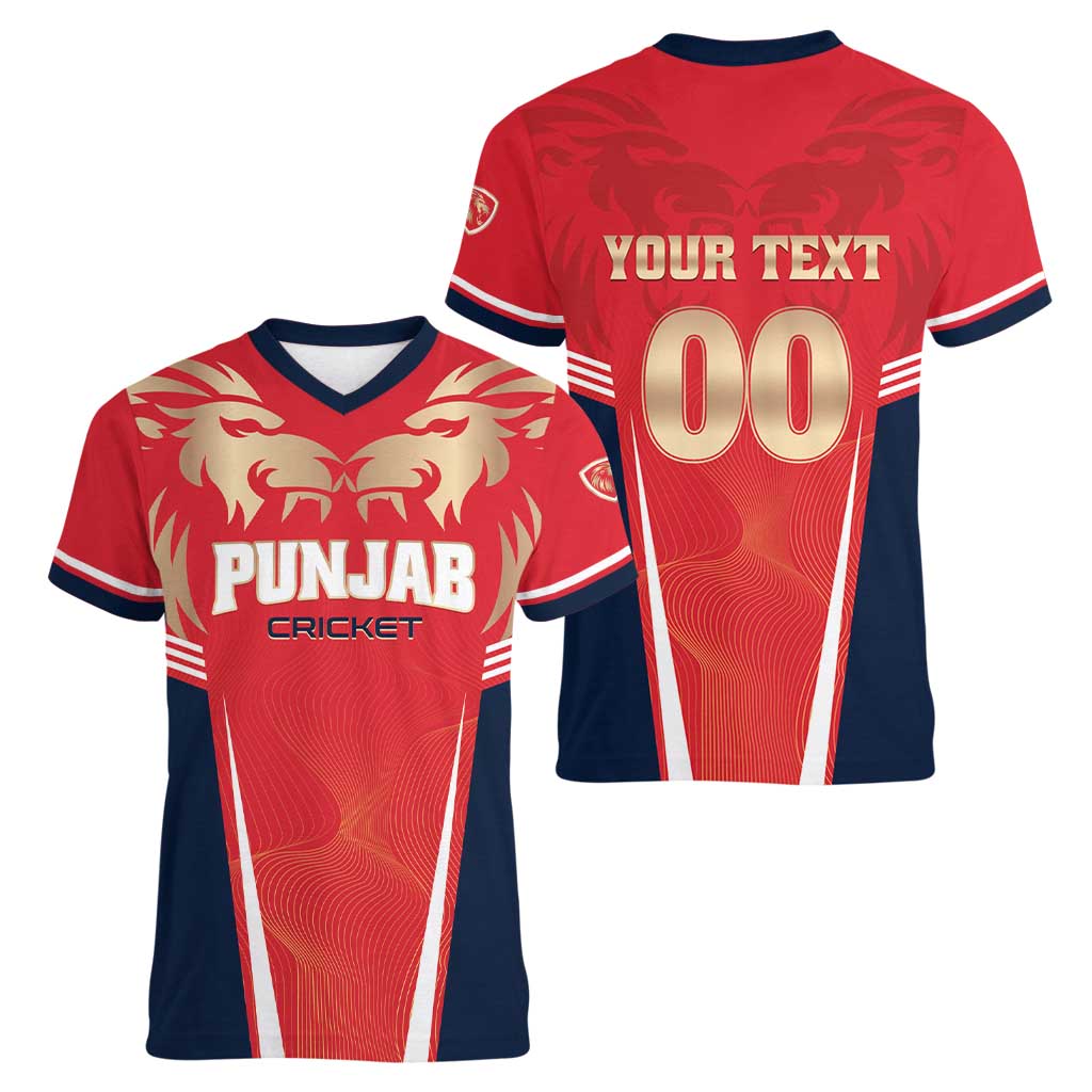Custom Punjab 2025 Cricket Lion Kings Women V-Neck T-Shirt Jazba Hai Punjabi