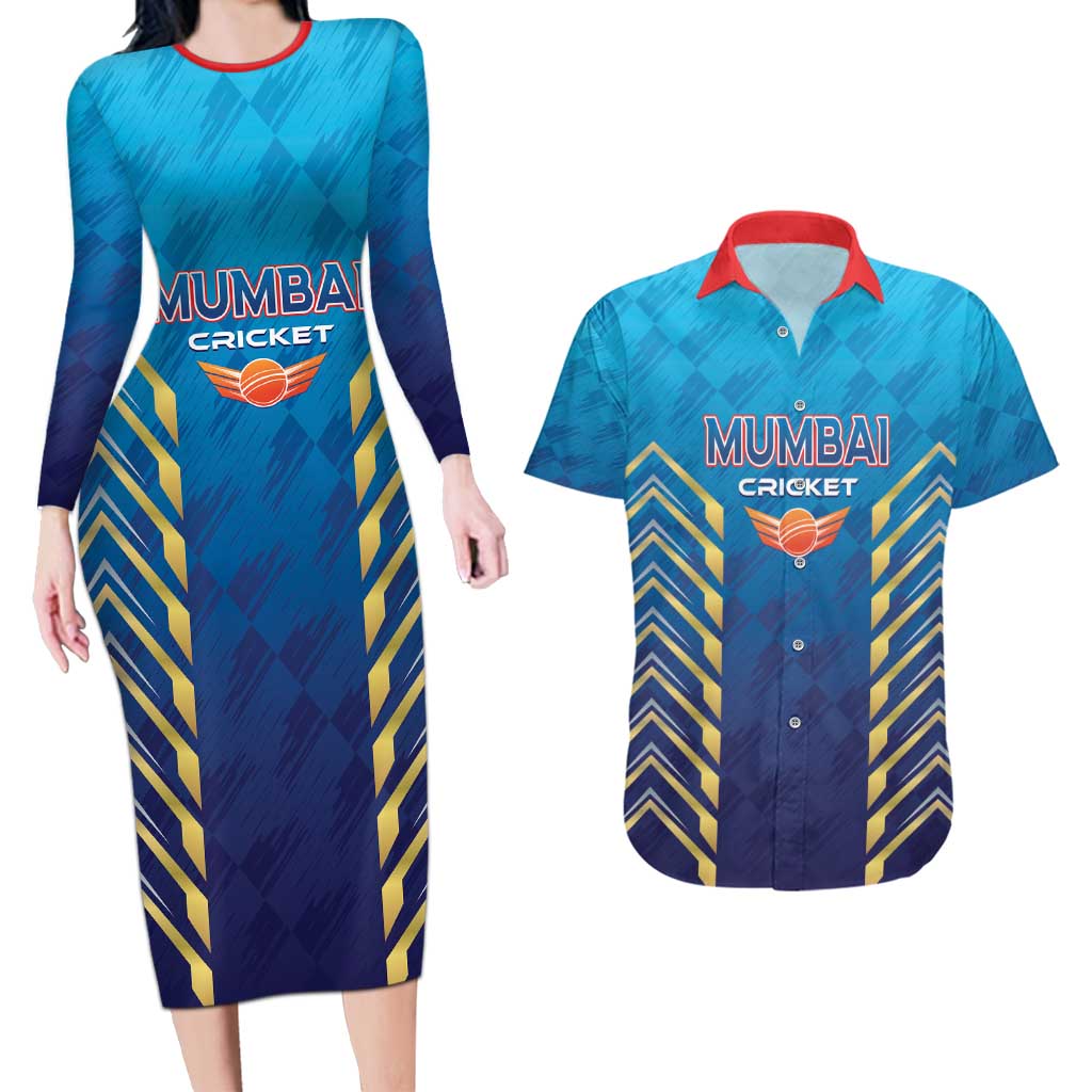 Custom Mumbai 2025 Cricket Indians Couples Matching Long Sleeve Bodycon Dress and Hawaiian Shirt Aali Re Play Like Mumbai