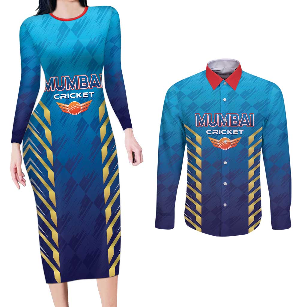 Custom Mumbai 2025 Cricket Indians Couples Matching Long Sleeve Bodycon Dress and Long Sleeve Button Shirt Aali Re Play Like Mumbai