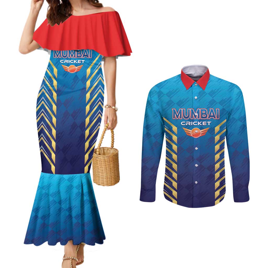 Custom Mumbai 2025 Cricket Indians Couples Matching Mermaid Dress and Long Sleeve Button Shirt Aali Re Play Like Mumbai