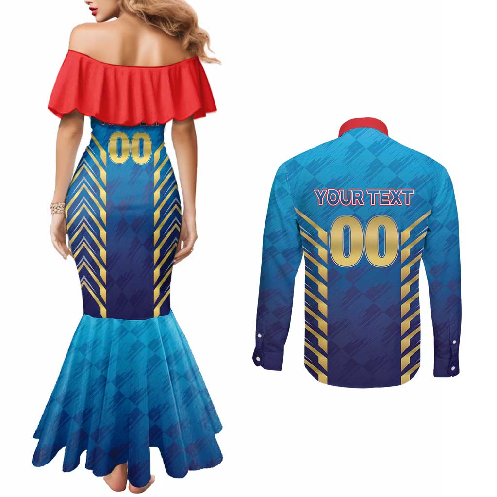 Custom Mumbai 2025 Cricket Indians Couples Matching Mermaid Dress and Long Sleeve Button Shirt Aali Re Play Like Mumbai