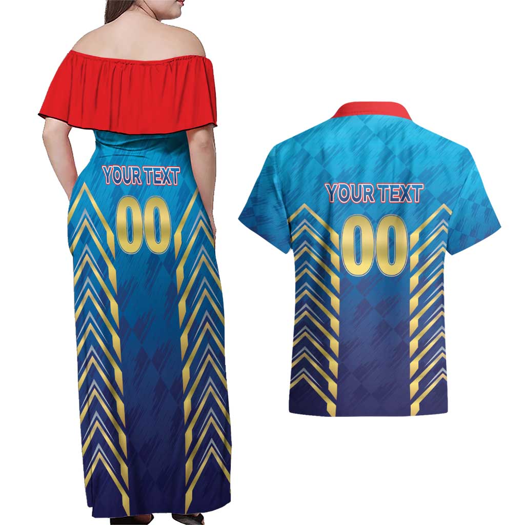 Custom Mumbai 2025 Cricket Indians Couples Matching Off Shoulder Maxi Dress and Hawaiian Shirt Aali Re Play Like Mumbai