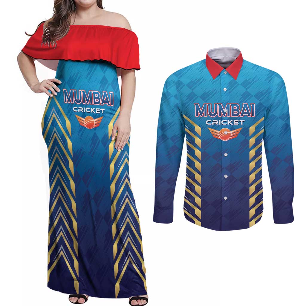 Custom Mumbai 2025 Cricket Indians Couples Matching Off Shoulder Maxi Dress and Long Sleeve Button Shirt Aali Re Play Like Mumbai