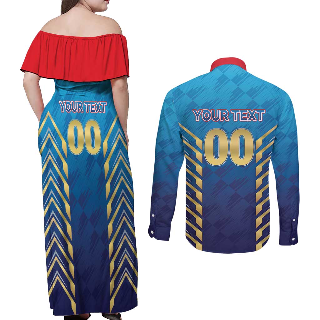 Custom Mumbai 2025 Cricket Indians Couples Matching Off Shoulder Maxi Dress and Long Sleeve Button Shirt Aali Re Play Like Mumbai