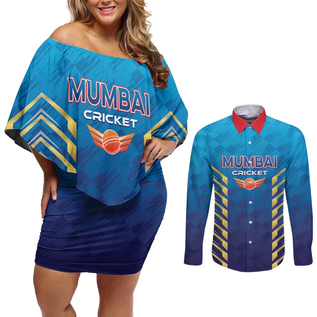 Custom Mumbai 2025 Cricket Indians Couples Matching Off Shoulder Short Dress and Long Sleeve Button Shirt Aali Re Play Like Mumbai
