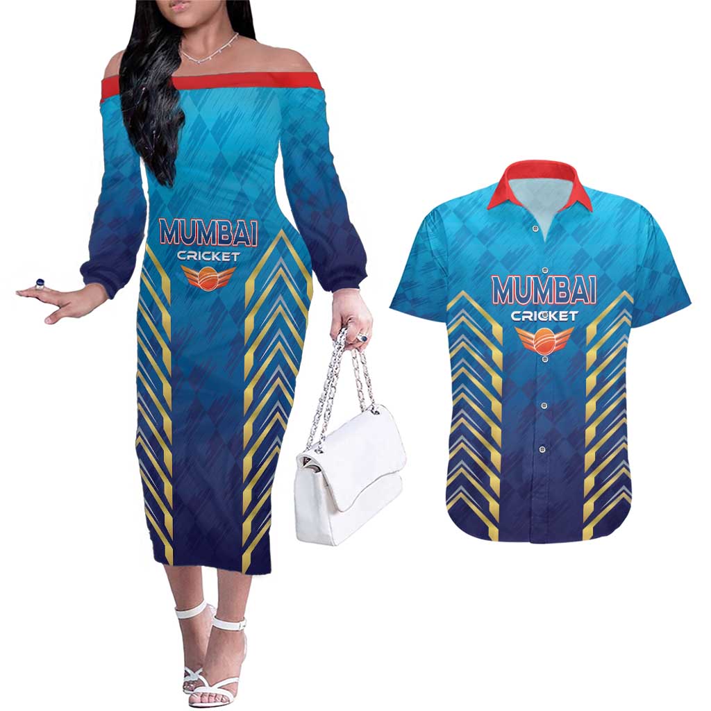 Custom Mumbai 2025 Cricket Indians Couples Matching Off The Shoulder Long Sleeve Dress and Hawaiian Shirt Aali Re Play Like Mumbai