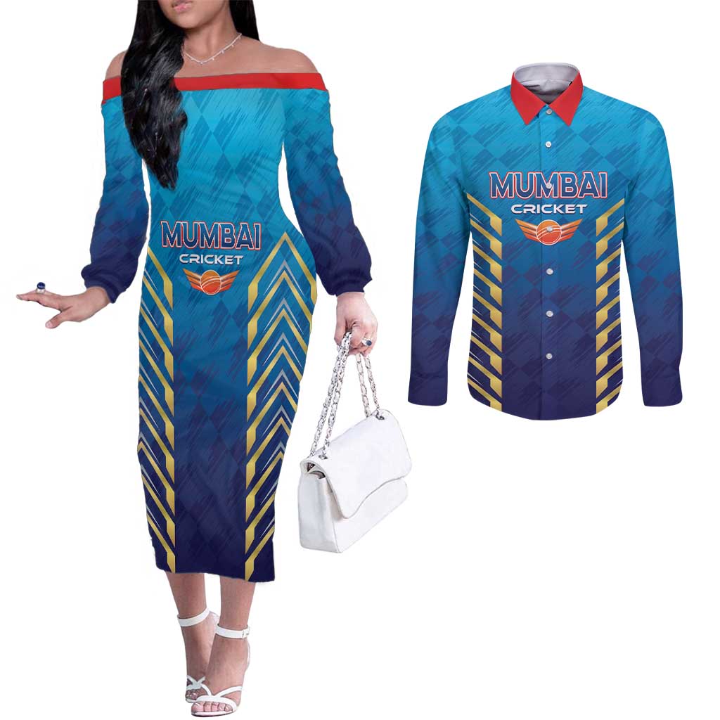 Custom Mumbai 2025 Cricket Indians Couples Matching Off The Shoulder Long Sleeve Dress and Long Sleeve Button Shirt Aali Re Play Like Mumbai