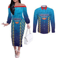 Custom Mumbai 2025 Cricket Indians Couples Matching Off The Shoulder Long Sleeve Dress and Long Sleeve Button Shirt Aali Re Play Like Mumbai