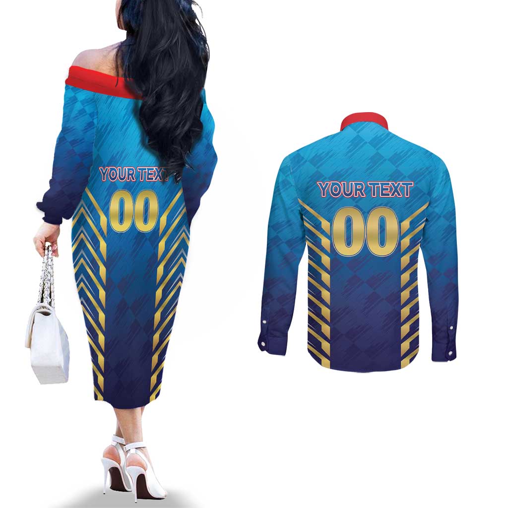 Custom Mumbai 2025 Cricket Indians Couples Matching Off The Shoulder Long Sleeve Dress and Long Sleeve Button Shirt Aali Re Play Like Mumbai