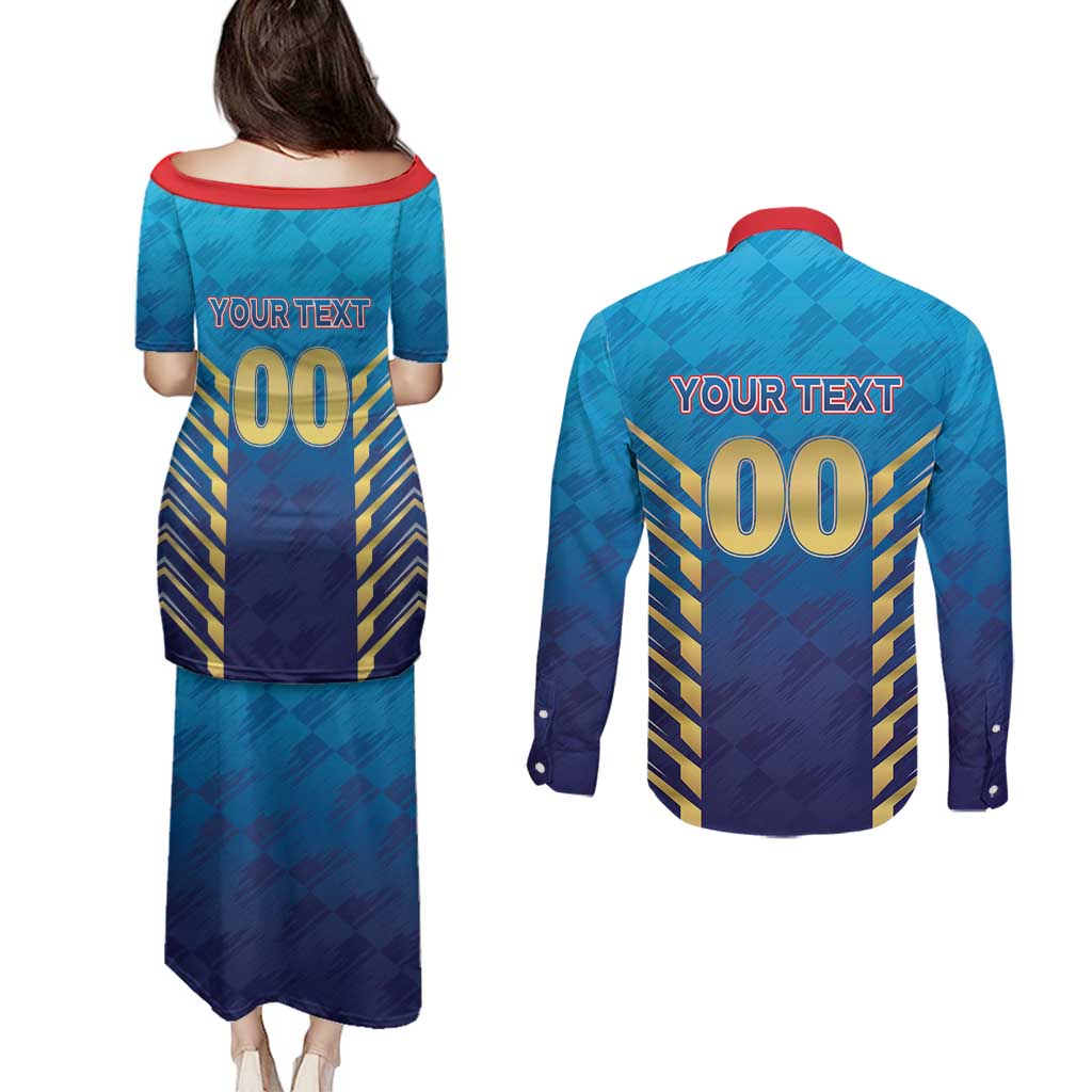 Custom Mumbai 2025 Cricket Indians Couples Matching Puletasi and Long Sleeve Button Shirt Aali Re Play Like Mumbai