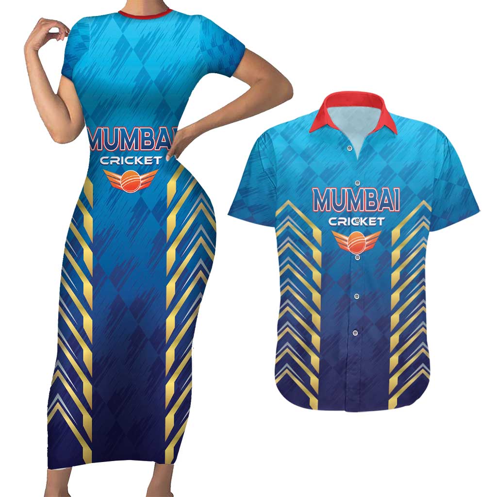 Custom Mumbai 2025 Cricket Indians Couples Matching Short Sleeve Bodycon Dress and Hawaiian Shirt Aali Re Play Like Mumbai